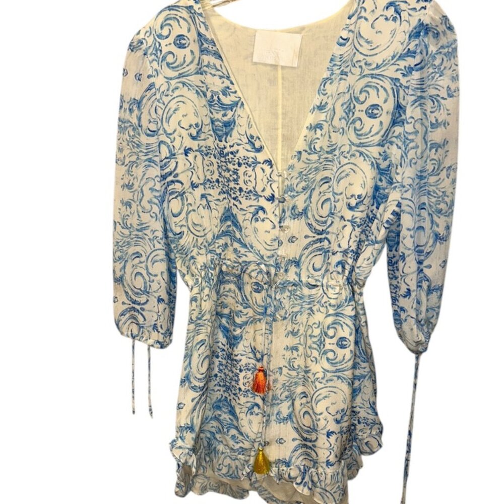 athena Procopiou 100% SILK blue white painted paisley print tunic top mini dress